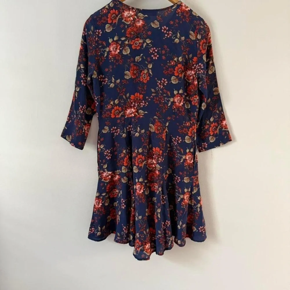 Women's Amour Vert Ingrid 100% Silk Floral Dress Navy 3/4 Sleeves Buttoned SZ XS - Picture 8 of 8